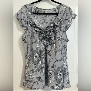 Worthington Women’s Black & White Lace Look Silky Short Sleeve Blouse XL